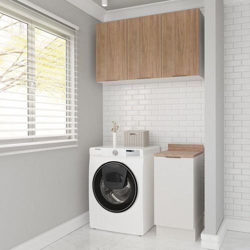 Lavanderia Modulada 2 Peças 1 Armário Aéreo 3 Portas 1 Balcão Ipanema CabeCasa MadeiraOriginals Branco/Acácia