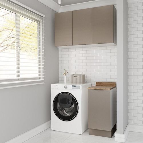 Lavanderia Modulada 2 Peças 1 Armário Aéreo 3 Portas 1 Balcão Ipanema CabeCasa MadeiraOriginals Fendi Trama