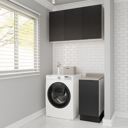 Lavanderia Modulada 2 Peças 1 Armário Aéreo 3 Portas 1 Balcão Ipanema CabeCasa MadeiraOriginals Grafite Trama