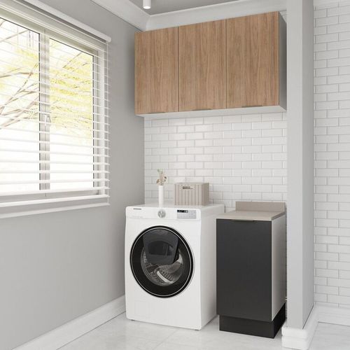 Lavanderia Modulada 2 Peças 1 Armário Aéreo 3 Portas 1 Balcão Ipanema CabeCasa MadeiraOriginals Grafite Trama/Acácia
