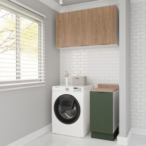 Lavanderia Modulada 2 Peças 1 Armário Aéreo 3 Portas 1 Balcão Ipanema CabeCasa MadeiraOriginals Verde Folha/Acácia