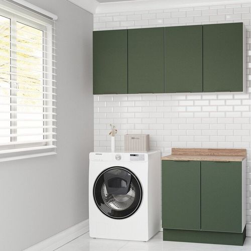 Lavanderia Modulada 3 Peças 2 Armários Aéreos 1 Balcão 2 Portas Ipanema CabeCasa MadeiraOriginals Verde Folha