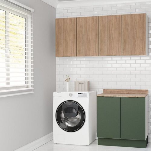 Lavanderia Modulada 3 Peças 2 Armários Aéreos 1 Balcão 2 Portas Ipanema CabeCasa MadeiraOriginals Verde Folha/Acácia