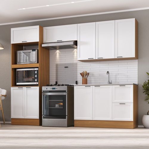 Cozinha Compacta 4 Peças 2 Aéreos 1 Balcão 1 Paneleiro Torre Quente Soho CabeCasa MadeiraOriginals Freijó/Branco