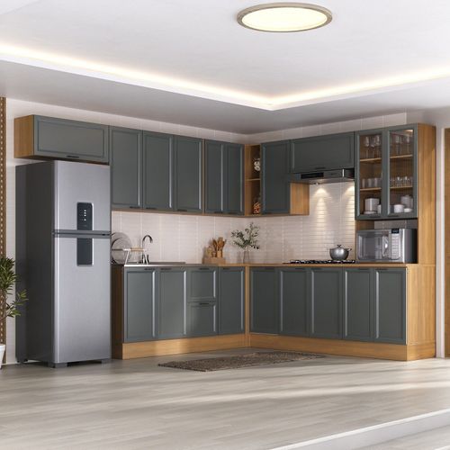 Cozinha Compacta 10 Peças 5 Aéreos 4 Balcões 1 Paneleiro Duplo Soho CabeCasa MadeiraOriginals Freijó/Grafite