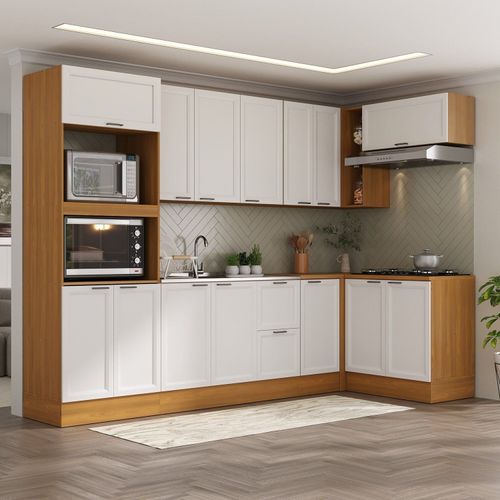 Cozinha Compacta 7 Peças 3 Aéreos 3 Balcões 1 Paneleiro Torre Quente Soho CabeCasa MadeiraOriginals Freijó/Branco