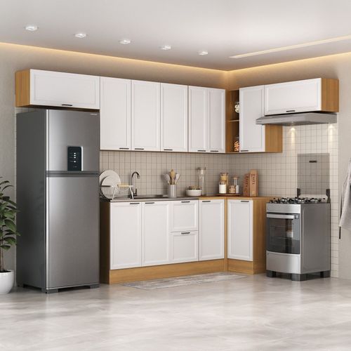 Cozinha Compacta 8 Peças 5 Aéreos 3 Balcões Soho CabeCasa MadeiraOriginals Freijó/Branco