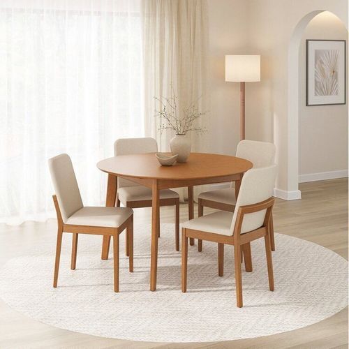 Kit Mesa de Jantar Extensível Redonda Tarsila e 4 Cadeiras Pequi CabeCasa MadeiraOriginals Champagne/Castanho/Bege