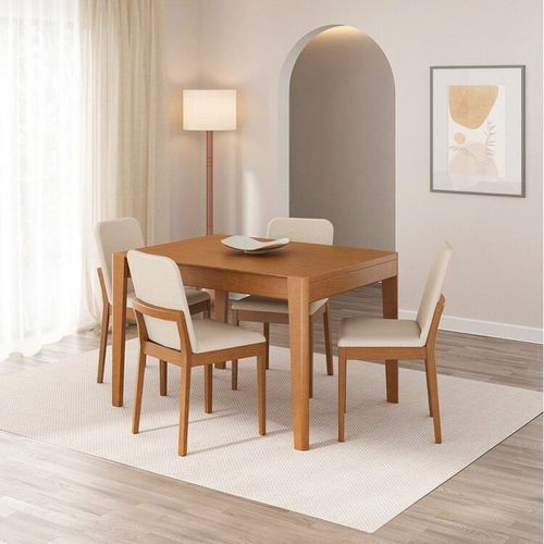 Kit Mesa de Jantar Extensível Retangular Tarsila e 4 Cadeiras Pequi CabeCasa MadeiraOriginals Champagne/Castanho/Bege