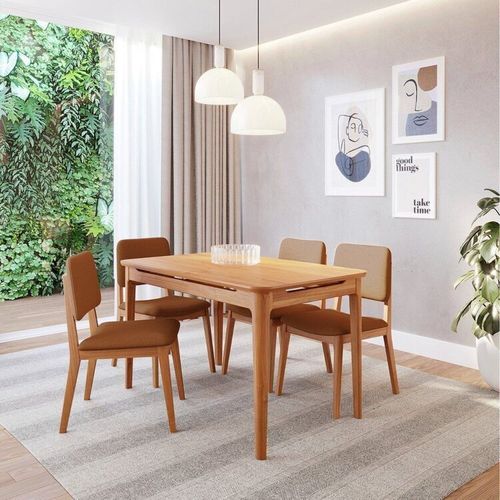 Conjunto Sala de Jantar 1 Mesa 130cm 4 Cadeiras Miriti CabeCasa MadeiraOriginals Caramelo