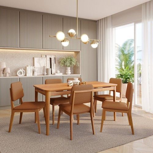 Conjunto Sala de Jantar 1 Mesa 160cm 6 Cadeiras Miriti CabeCasa MadeiraOriginals Caramelo