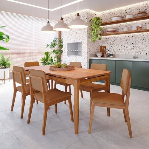 Conjunto Sala de Jantar 6 Lugares Retangular Tampo MDF Miriti CabeCasa MadeiraOriginals Caramelo