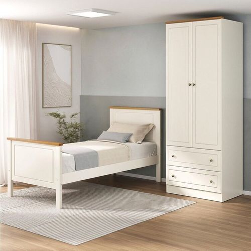 Conjunto Dormitório 1 Cama Solteiro 1 Guarda-roupa 2 Portas Ananda Cabecasa Madeiraoriginals Off White/Mel