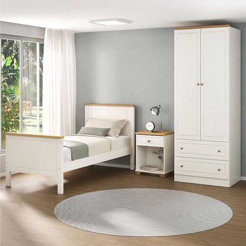 Conjunto Cama Solteiro Guarda-roupa 2 Portas Mesa de Cabeceira Ananda Cabecasa Madeiraoriginals Off White/Mel