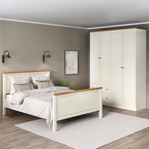 Conjunto Cama Casal, Guarda-Roupa 4 Portas Ananda CabeCasa MadeiraOriginals Off White/Mel