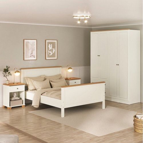 Conjunto Cama Casal, Guarda-Roupa 4 Portas 2 Mesas de Cabeceira Ananda CabeCasa MadeiraOriginals Off White/Mel