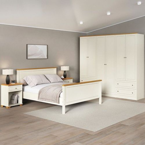 Conjunto Cama Queen Guarda-Roupa 6 Portas 2 Mesas de Cabeceira Ananda CabeCasa MadeiraOriginals Off White/Mel