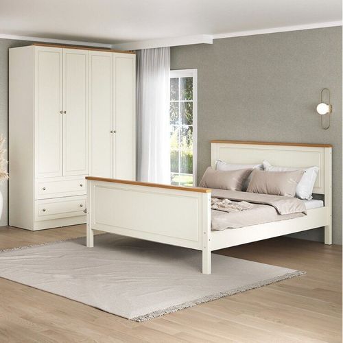 Conjunto Cama Queen Guarda-Roupa 4 Portas Ananda CabeCasa MadeiraOriginals Off White/Mel