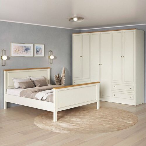 Conjunto Cama Queen Guarda-Roupa 6 Portas Ananda CabeCasa MadeiraOriginals Off White/Mel