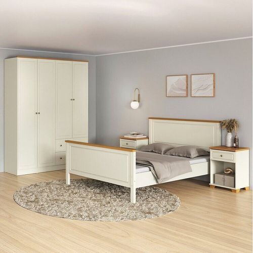 Conjunto Cama Queen Guarda-Roupa 4 Portas 2 Mesas de Cabeceira Ananda CabeCasa MadeiraOriginals Off White/Mel
