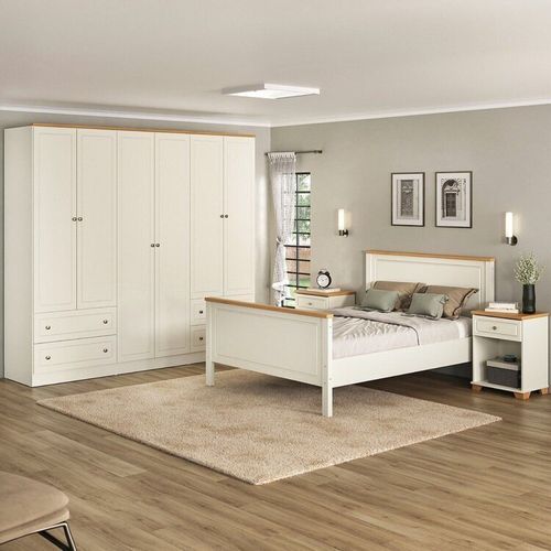Conjunto Cama Casal, Guarda-Roupa 6 Portas 2 Mesas de Cabeceira Ananda CabeCasa MadeiraOriginals Off White/Mel