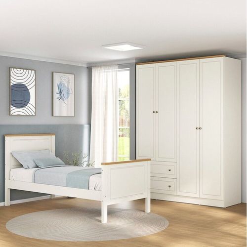 Conjunto Dormitório Cama Solteiro 1 Guarda-Roupa 4 Portas Ananda CabeCasa MadeiraOriginals Off White/Mel