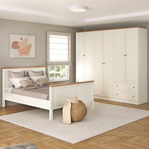 Conjunto Cama Casal Guarda-Roupa 6 Portas Ananda CabeCasa MadeiraOriginals Off White/Mel