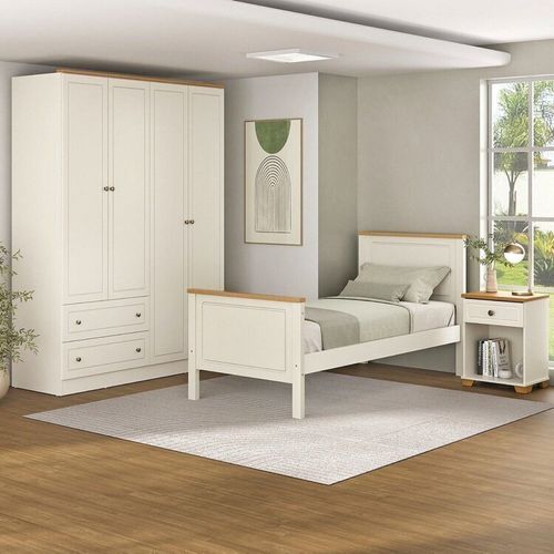 Conjunto Cama Solteiro, Guarda-Roupa 4 Portas e 1 Mesa de Cabeceira Ananda CabeCasa MadeiraOriginals Off White/Mel