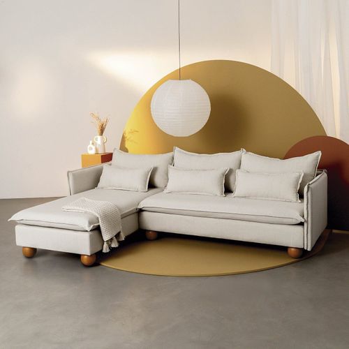 Sofá Modular 3 Lugares com Chaise e Pé Bolinha Sôma CabeCasa MadeiraOriginals Bege Natural Natural