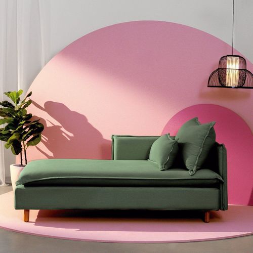 Sofá Modular Chaise Braço Lateral com Pé Madeira Sôma CabeCasa MadeiraOriginals Verde Verde