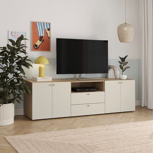 Rack para TV até Polegadas 210cm 75 Polegas Modular 3 Módulos 4 Portas 2 Gavetas Frame CabeCasa MadeiraOriginals Bege Acácia/Arenas Acácia/Arenas