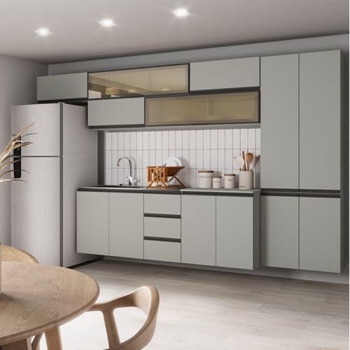 Cozinha Modulada 8 Peças 5 Aéreos 2 Balcões 1 Paneleiro Nara CabeCasa MadeiraOriginals Cinza Claro
