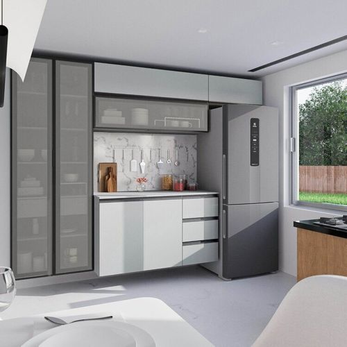 Cozinha Modulada 5 Peças 3 Aéreos 1 Balcão 1 Cristaleira Nara CabeCasa MadeiraOriginals Cinza Claro