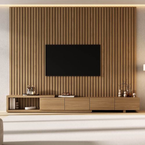 Rack com Painel Ripado Extensível para TV até 86 Polegadas 280cmx250cm Liso Aruá CabeCasa MadeiraOriginals Marrom Jatobá Jatoba