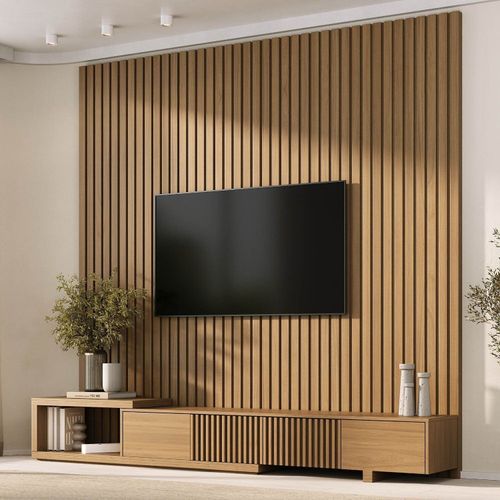 Rack com Painel Ripado Extensível para TV até 86 Polegadas 244cmx230cm Aruá CabeCasa MadeiraOriginals Marrom Jatobá Jatoba