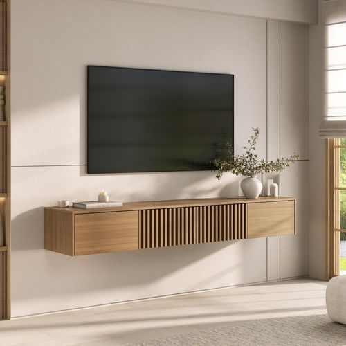 Rack Suspenso para TV até 75 Polegadas 180cm Portas Ripadas Aruá CabeCasa MadeiraOriginals Marrom Jatobá Jatoba