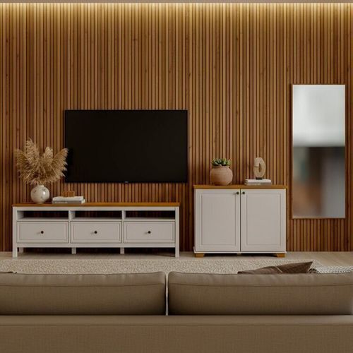 Conjunto de Sala 3 Peças com Rack, Armário e 1 Espelho Ananda CabeCasa MadeiraOriginals Branco Off White/Mel Off White/Mel