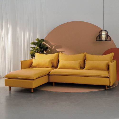 Sofá Modular 3 Lugares com Chaise e Pé Madeira Sôma CabeCasa MadeiraOriginals Amarelo Mostarda Mostarda