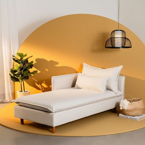 Sofá Modular Chaise Braço Lateral com Pé Madeira Sôma CabeCasa MadeiraOriginals Bege Natural Linho Natural