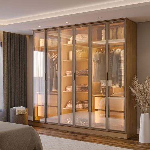 Guarda-roupa 6 Portas Reflecta com Led 100% Mdf Orion CabeCasa MadeiraOriginals Olmo/Reflecta
