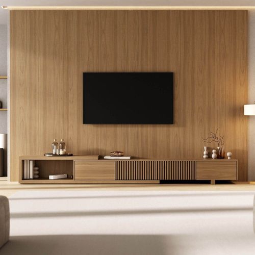 Rack com Painel Ripado Extensível para TV até 86 Polegadas 320cmx250cm Aruá CabeCasa MadeiraOriginals Marrom Jatobá Jatoba