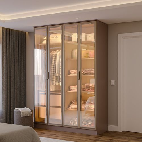 Guarda-roupa 4 Portas Reflecta com Led 100% Mdf Orion CabeCasa MadeiraOriginals Mocha
