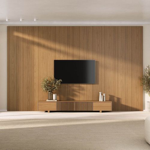 Rack com Painel Ripado para TV até 86 Polegadas 400cmx250cm Aruá CabeCasa MadeiraOriginals Marrom Jatobá Jatoba