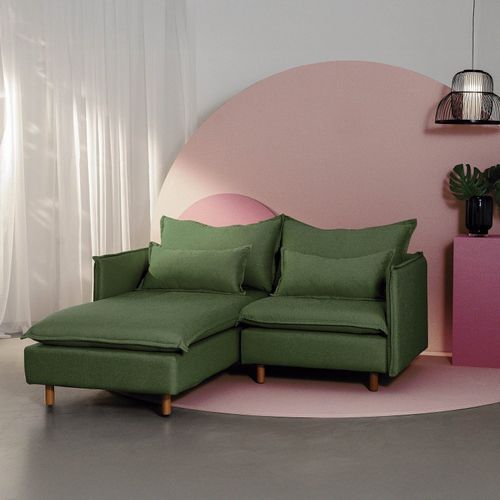 Sofá Modular 2 Lugares com Chaise e Pé Madeira Sôma CabeCasa MadeiraOriginals Verde Verde
