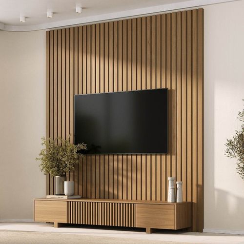 Rack com Painel Ripado para TV até 75 Polegadas 200cmx230cm Aruá CabeCasa MadeiraOriginals Marrom Jatobá Jatoba
