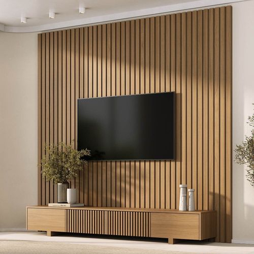 Rack com Painel Ripado para TV até 86 Polegadas 240cmx230cm Aruá CabeCasa MadeiraOriginals Marrom Jatobá Jatoba