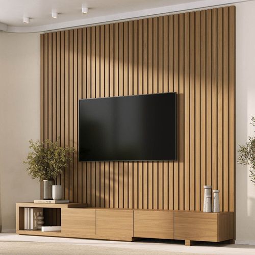 Rack com Painel Ripado Extensível para TV até 86 Polegadas 244cmx230cm Liso Aruá CabeCasa MadeiraOriginals Marrom Jatobá Jatoba
