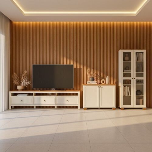 Conjunto de Sala 3 Peças Rack, Cristaleira e Armário Madeira Maciça Ananda CabeCasa MadeiraOriginals Branco Off White/Mel Off White/Mel