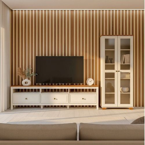 Conjunto de Sala 2 Peças com Rack e 1 Cristaleira Madeira Maciça Ananda CabeCasa MadeiraOriginals Branco Off White/Mel Off White/Mel