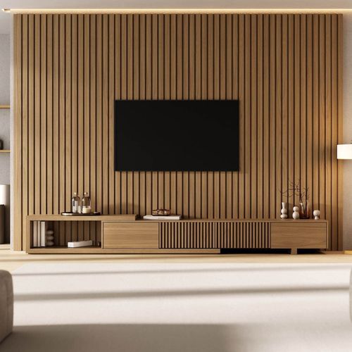Rack com Painel Ripado Extensível para TV até 86 Polegadas 320cmx230cm Aruá CabeCasa MadeiraOriginals Marrom Jatobá Jatoba